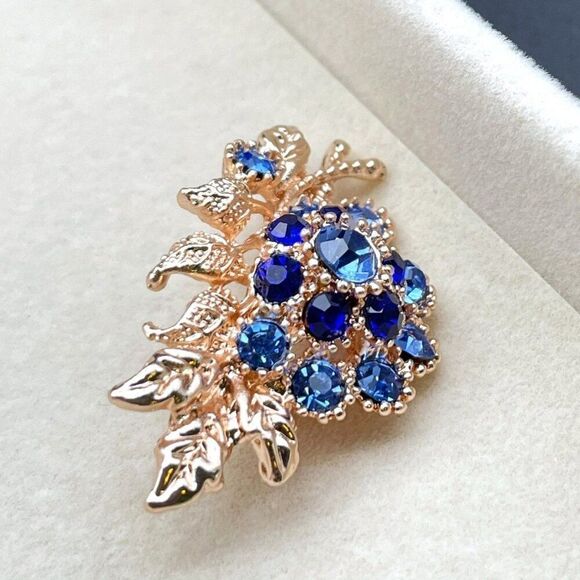 Rose Gold with Dark and Light Blue Sapphire Flower Leaf Bouquet Pin Back Brooch - Picture 5 of 8